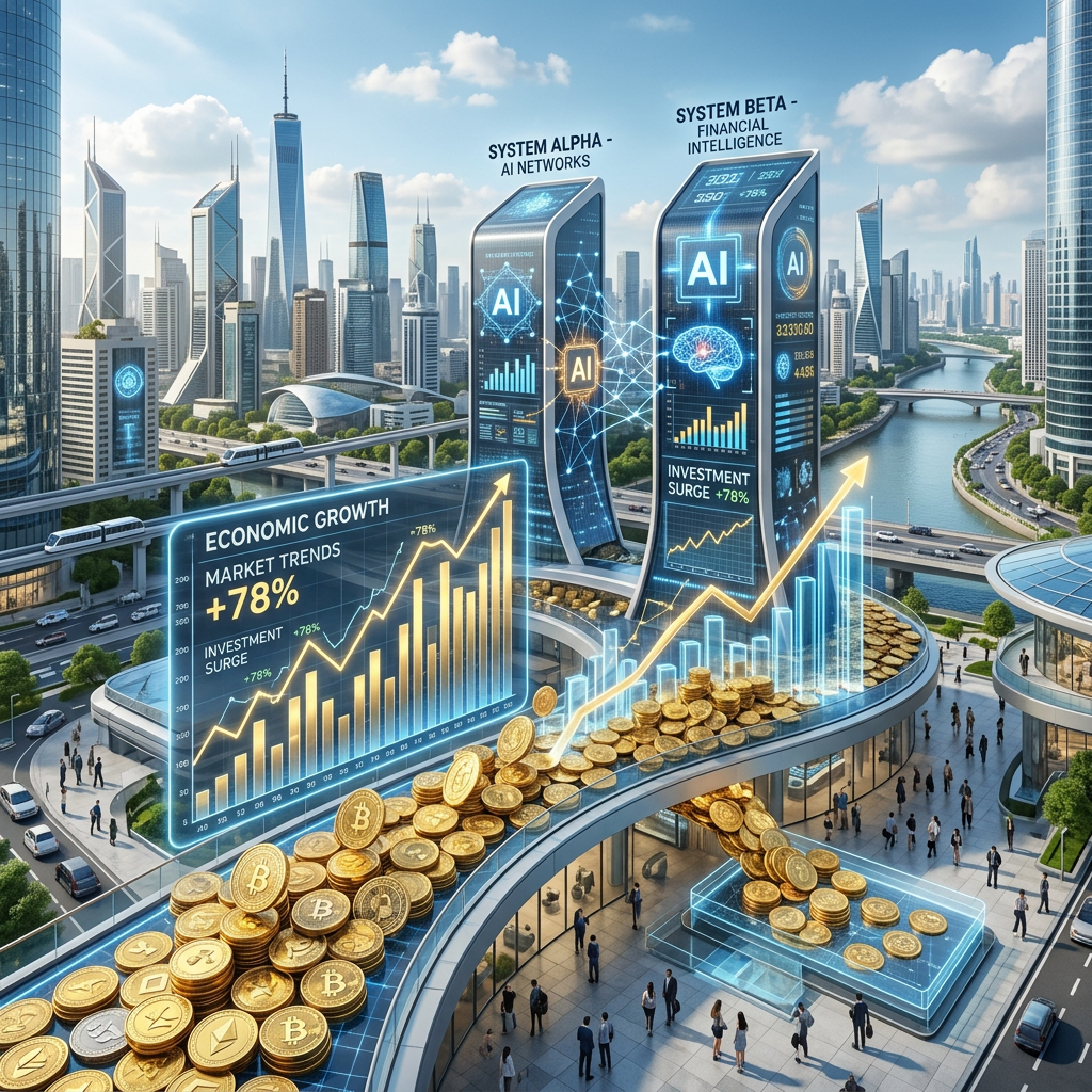 AI technology illustrating a 78% surge in economic growth and investments with cryptocurrency coins and futuristic cityscape